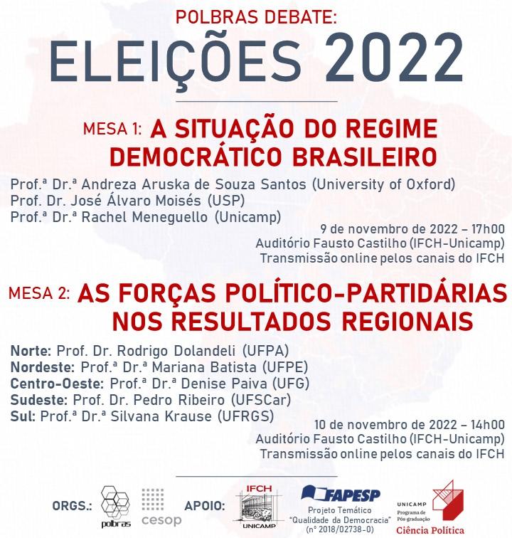 #PolBrasAcessível: "PolBras Debate: Eleições 2022"

Mesa 1: A situação do regime democrático brasileiro. 
Com a presença de Andreza Aruska de Souza Santos (Universidade de Oxford), José Álvaro Moisés (USP) e Rachel Meneguello (Unicamp). 9 de novembro, às 